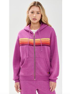 Aviator Nation 5 Stripe Zip Hoodie Relaxed in Magenta